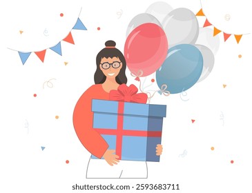 Happy woman holding present with balloons, happy birthday concept, greeting concept, flat vector illustration
