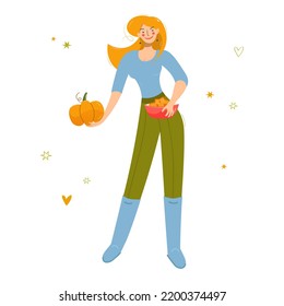 Happy woman holding a pumpkin. A cheerful girl is holding a pumpkin and a dish made from pumpkin. Cozy autumn illustration for Thanksgiving or Halloween. Isolated flat vector illustration.