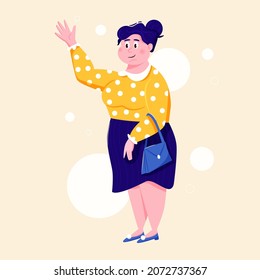 Happy woman holding a purse and waving hand vector cartoon illustration. Funny female character.