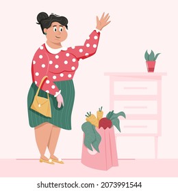 Happy woman holding a purse and waving hand indoor vector cartoon illustration. Funny female character, housewife with shopping.