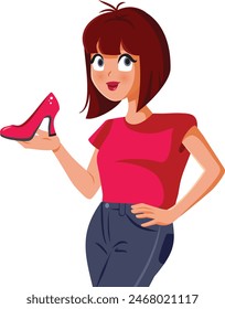 
Happy Woman Holding a Red High Heel Shoe Vector Cartoon. Fashion store promoter presenting classical footwear 
