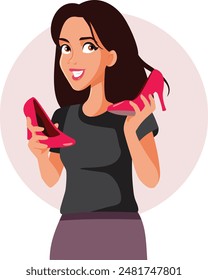 
Happy Woman Holding Red High Heels Shoes Vector Illustration. Footwear on sale attracting girl to purchase new par of shoes 
