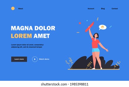Happy woman holding salami. Sausage, meat eater, snack flat vector illustration. Food, gourmet, gastronomy concept for banner, website design or landing web page