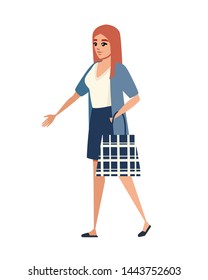 Happy woman holding shopping bag cartoon character design flat vector illustration isolated on white background