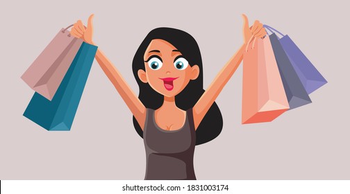 Happy Woman Holding Shopping Bags Vector Cartoon. Female shopper buying many presents on sale
