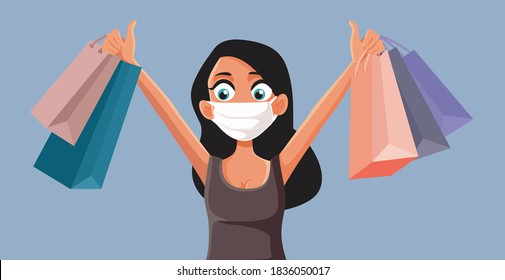 Happy Woman Holding Shopping Bags Vektor Cartoon. Kunde mit einer schützenden Gesichtshaut, der sicher einkaufen geht
