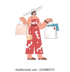 Happy woman holding lot of shopping bags. Fashion shopper with purchases in hands. Buyer after sale. Fashionable customer carrying many packs. Flat vector illustration isolated on white background
