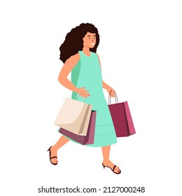 Happy woman holding lot of shopping bags. Fashion shopper with purchases in hands. Buyer after sale. Fashionable customer carrying many packs. Flat vector illustration isolated on white background