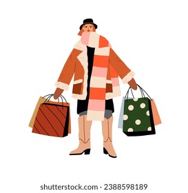 Happy woman holding shopping bags. Female customer standing with many purchases in hands, preparing for winter holidays. Christmas preparations. Flat vector illustration isolated on white background