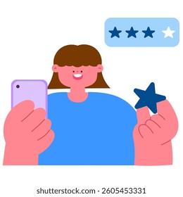 Happy woman holding a smartphone and a star, giving a rating or review flat vector illustration