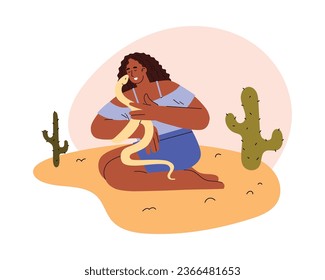 Happy woman holding snake, flat vector illustration isolated on white background. Person in desert with reptile. Concepts of wildlife, animals and nature.