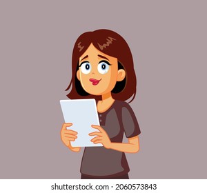 Happy Woman Holding Tablet Computer Vector Cartoon. Young adult holding a device reading social media message
