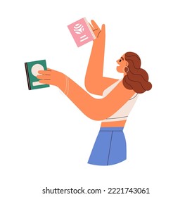 Happy woman holding, taking paper books. Young girl bookworm with literature to read. Excited reader with modern novels, magazines in hands. Flat vector illustration isolated on white background