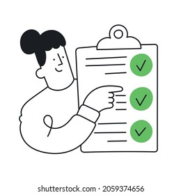 Happy woman holding to-do list with checkboxes. To do list, done job, checklist. Outline, linear, thin line, doodle art. Simple style with editable stroke.