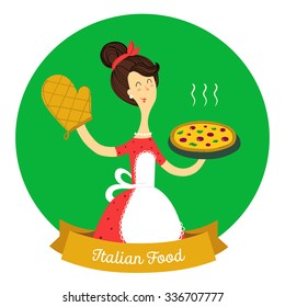 Happy woman is holding a tray with a tasty pizza. Vector illustration vintage style