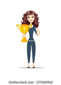 Happy woman holding winner golden cup over white background. Thumbs up. Concept of success. Stock vector illustration