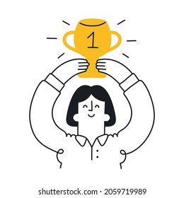 Happy woman holding winning trophy. Victory, competition, championship, winning, success, achieving the goal concept. Outline, linear, thin line, doodle art. Simple style with editable stroke.