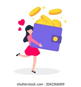 Happy woman holds a big money wallet or purse with golden coins. Creative finance concept of savings, rich or wealth. Simple trendy cute cartoon vector illustration. Flat style graphic design element.