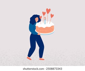 Happy woman holds birthday cake and makes a wish. Girl with holiday pie in hands decorated by one candle and hearts. Joyful smiling female character celebrates something. Vector illustration