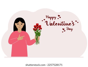 A happy woman holds a bouquet of flowers in his hand. Next to the text Happy Valentine's Day. Concept for postcard, congratulations, banner or poster. Vector flat illustration