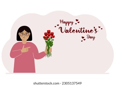 A happy woman holds a bouquet of flowers in his hand. Next to the text Happy Valentine's Day. Concept for postcard, congratulations, banner or poster. Vector flat illustration