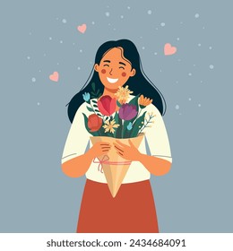 Happy woman holds a bouquet of flowers. Women day card. Vector flat style cartoon illustration