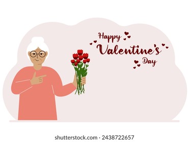 A happy woman holds a bouquet of flowers in his hand. Next to the text Happy Valentine's Day. Concept for postcard, congratulations, banner or poster.