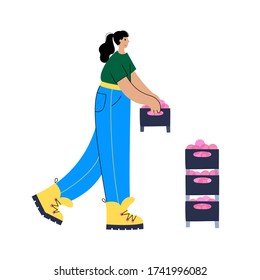 Happy woman holds a box with apples that she picked during the harvest. Flat vector illustration on white background. Adult female cartoon action character. Gardening concept for poster, banner