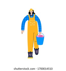 Happy woman holds a bucket with the apples that she picked during the harvest. Flat vector illustration on white background. Adult female cartoon action character. Gardening concept for poster, banner