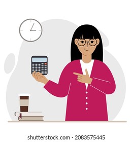 Happy woman holds a digital calculator in his hand and gestures with his other hand to the calculator. Vector flat illustration