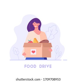 Happy woman holds food box in hands. Food drive donation. Concept of help, social care, volunteering, support for poor people. Cartoon flat vector illustration for web banner