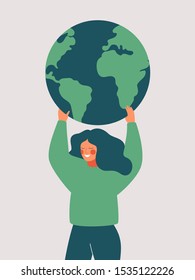 Happy woman holds the green planet Earth. Vector illustration of Earth day and saving planet. Environment conservation and energy saving concept.