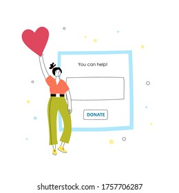 Happy woman holds a heart or like sign. The concept of volunteering. Flat vector cartoon illustration. Donations online application. Poster or banner template.
