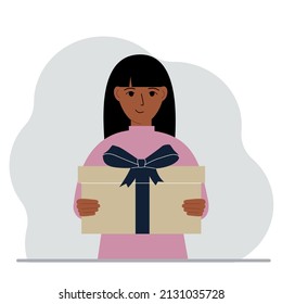 Happy woman holds a large gift box with a bow in his hands. Vector