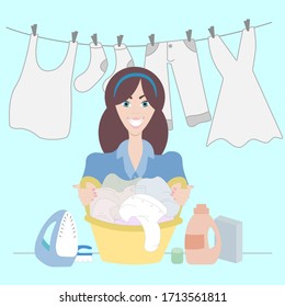 Happy woman holds laundry basket with clean clothes in hands and smiles, flat style vector illustration. Girl is engaged in household chores, washing, bleaching, drying and ironing at home