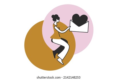 Happy Woman Holds Letter, Envelope With Big Black Heart Inside, Modern Flat Illustration Concept