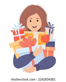 Happy woman holds many gifts and boxes with bows in her hands. Vector illustration in cartoon flat style. Female character for design of holiday themes, gifts and sales