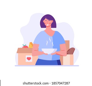 Happy woman holds a plate of soup, food box in hands. Concept of help, social care, volunteering, support for poor people, food donation. Cartoon flat vector illustration for web banner