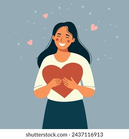 Happy woman holds a red heart. Women day card. Vector flat style cartoon illustration