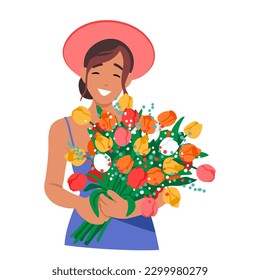 Happy Woman Holds Summer Flowers In Her Hands. Female Character Wears Blue Dress And A Big Smile On Her Face Radiates Cheerful Vibe Isolated on White Background. Cartoon People Vector Illustration