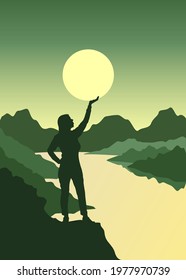 Happy woman holds the sun in the palm. Silhouette of a girl in the rays of the sunset. Travel and adventure concept. Admire the glory of the sun. Sunlight in the hands of a girl.