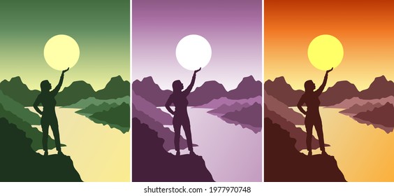 Happy woman holds the sun in the palm of a set of postcards. Silhouette of a girl in the rays of the sunset. Travel and adventure concept. Admire the glory of the sun. Sunlight in the hands of a girl.