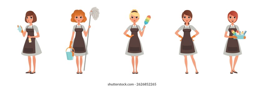 Happy Woman Housekeeper and Housewife in Apron Vector Set
