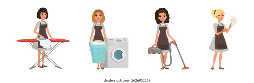 Happy Woman Housekeeper and Housewife in Apron Vector Set