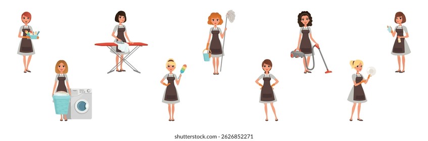 Happy Woman Housekeeper and Housewife in Apron Vector Set