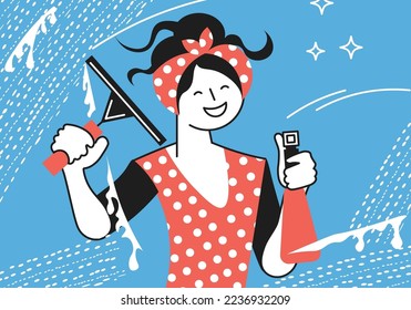 Happy woman housewife cleaning windows at home. Flat Art Vector illustration
