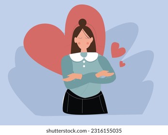 happy woman hug herself with hearts,Self care is take care of yourself and wellbeing, enjoy exercise, sleep and hobbies, help you stay healthy, balance life, and better cope with stress and anxiety.