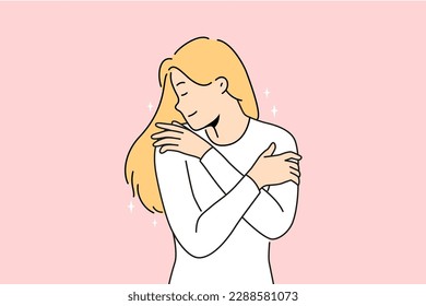 Happy woman hug herself showing selflove and selfcare. Smiling girl embrace body feeling confident and overjoyed. Vector illustration. 