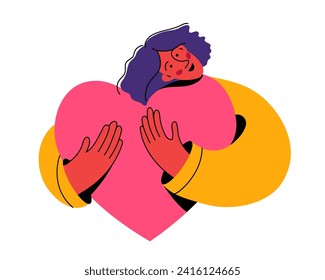 Happy woman hugging a big heart with love and care. Girl holding heart in her hands, happy girl loves herself.