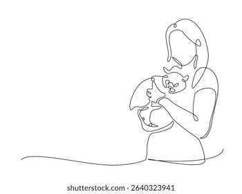 Happy woman hugging cute cat single outline illustration. Continuous line art drawing of woman hugging puppy. Editable stroke.